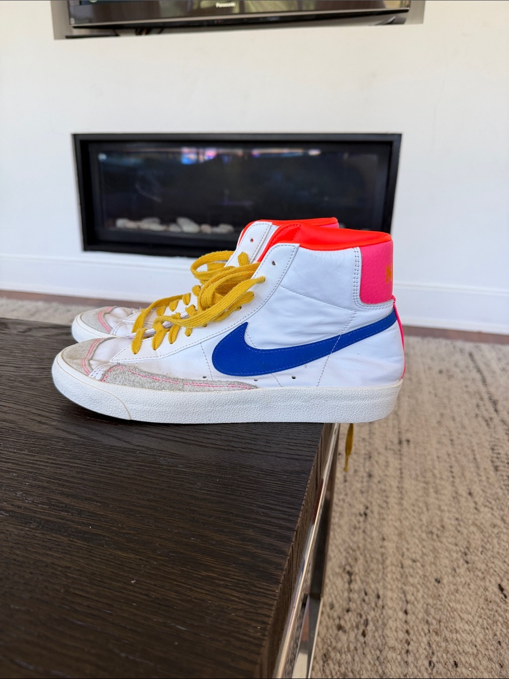 Nike women’s White High-Top Sneakers with Blue Swoosh, Pink Heel & Yellow Laces